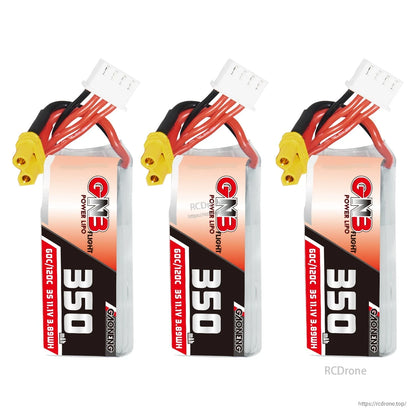 Three GNB 350mAh 3S LiPo batteries shown upright with XT30 connectors and balance leads