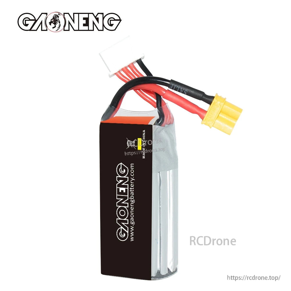 Rear/side view of GAONENG LiPo pack with wrapped cells, lead wires, and yellow XT30 connector