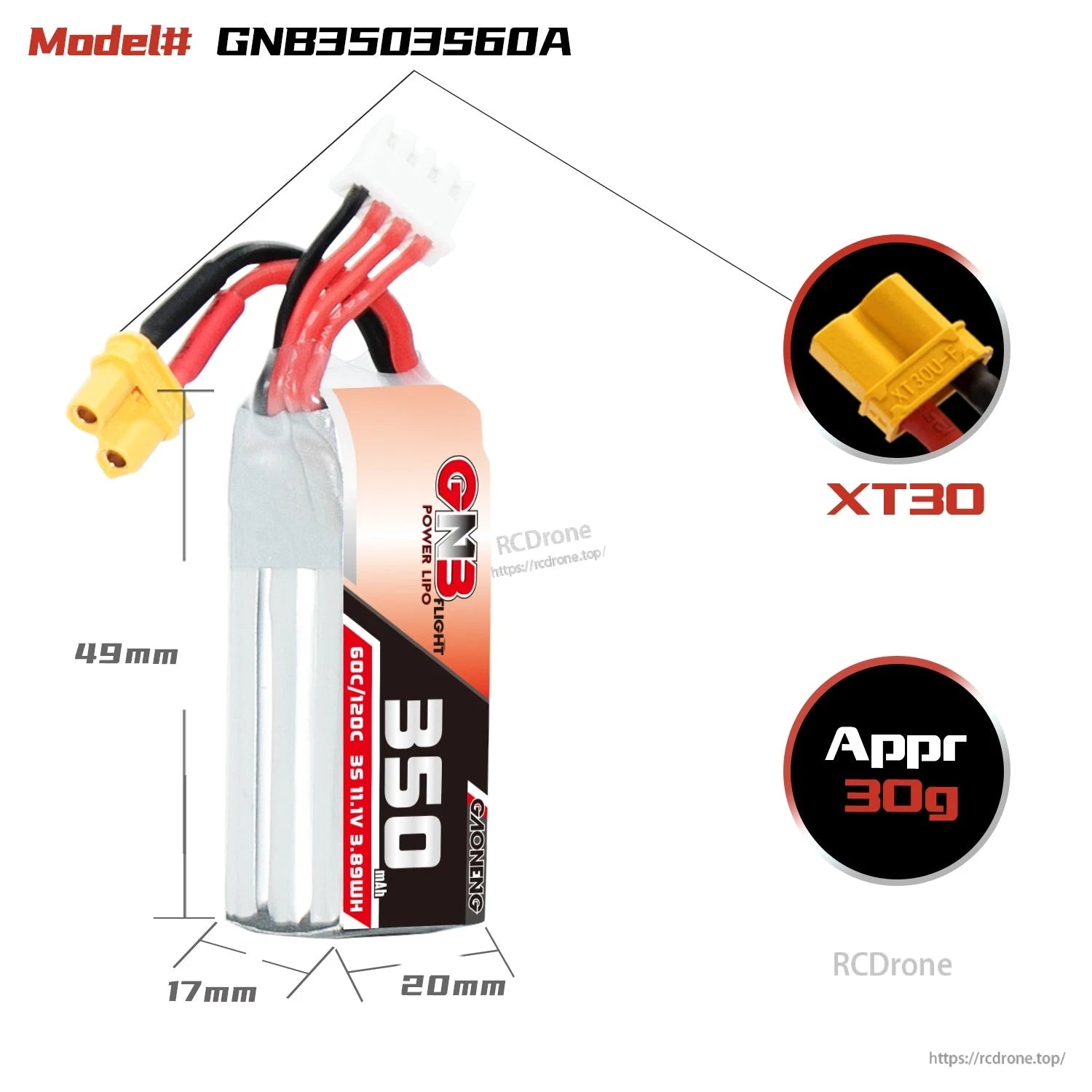 GNB3503S60A size diagram showing 49×20×17 mm dimensions, XT30 plug close-up, approx 30g weight
