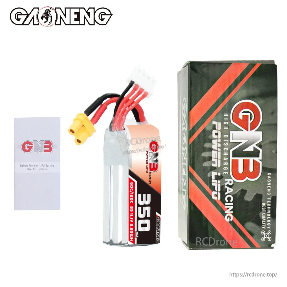 Package contents: GNB 350mAh 3S LiPo battery, GN3 Racing box, and instruction leaflet