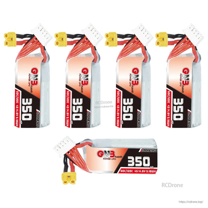 Five GNB 350mAh 4S LiPo batteries displayed together, including one horizontal showing full label