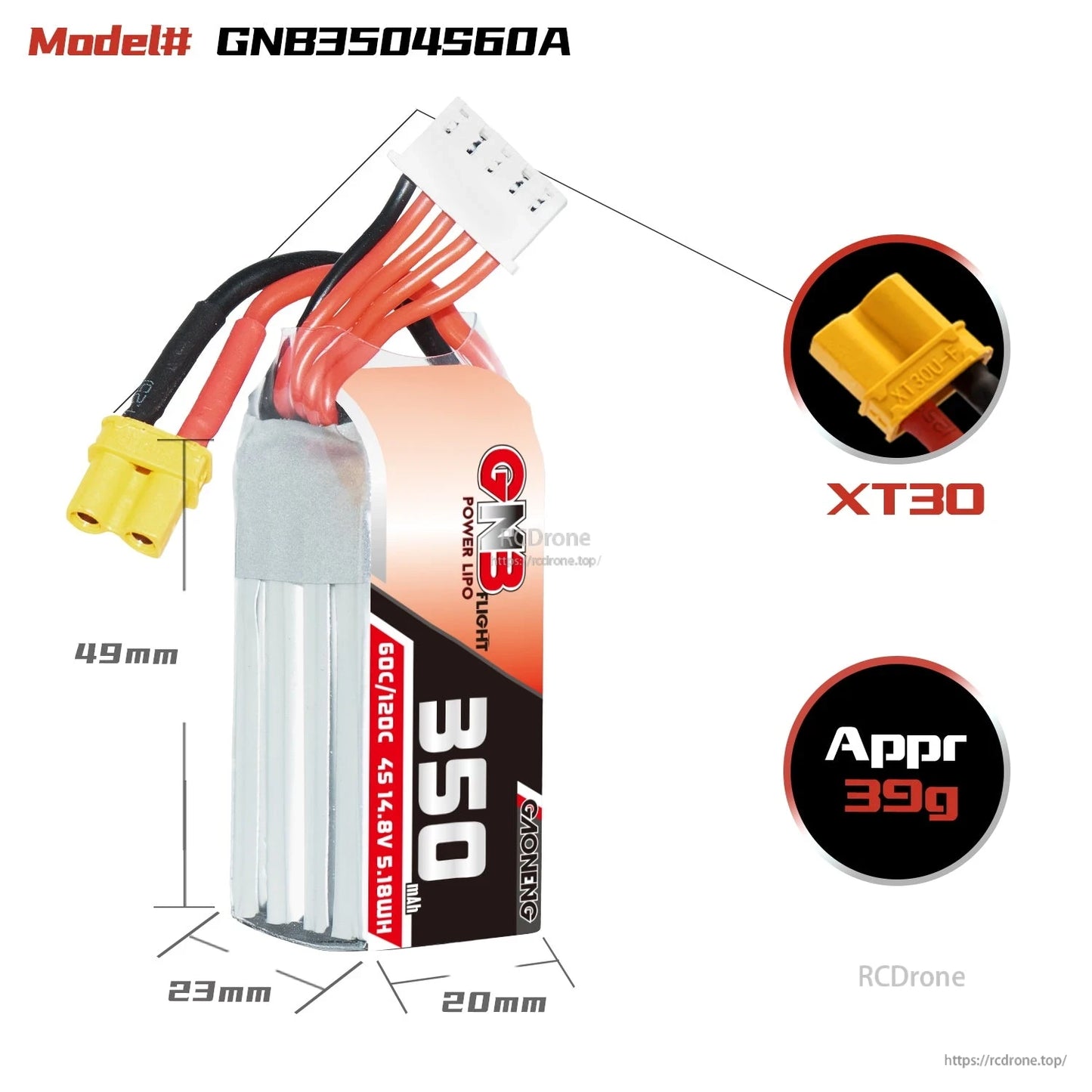 Size and weight diagram for GNB3504S60A LiPo battery: 49×23×20mm, XT30, approx 39g