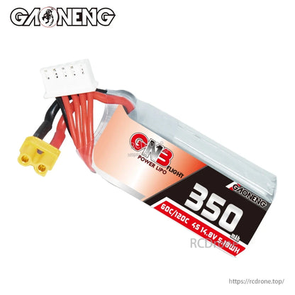 Top-side view highlighting the balance connector and XT30 lead routing on the 350mAh 4S LiPo pack