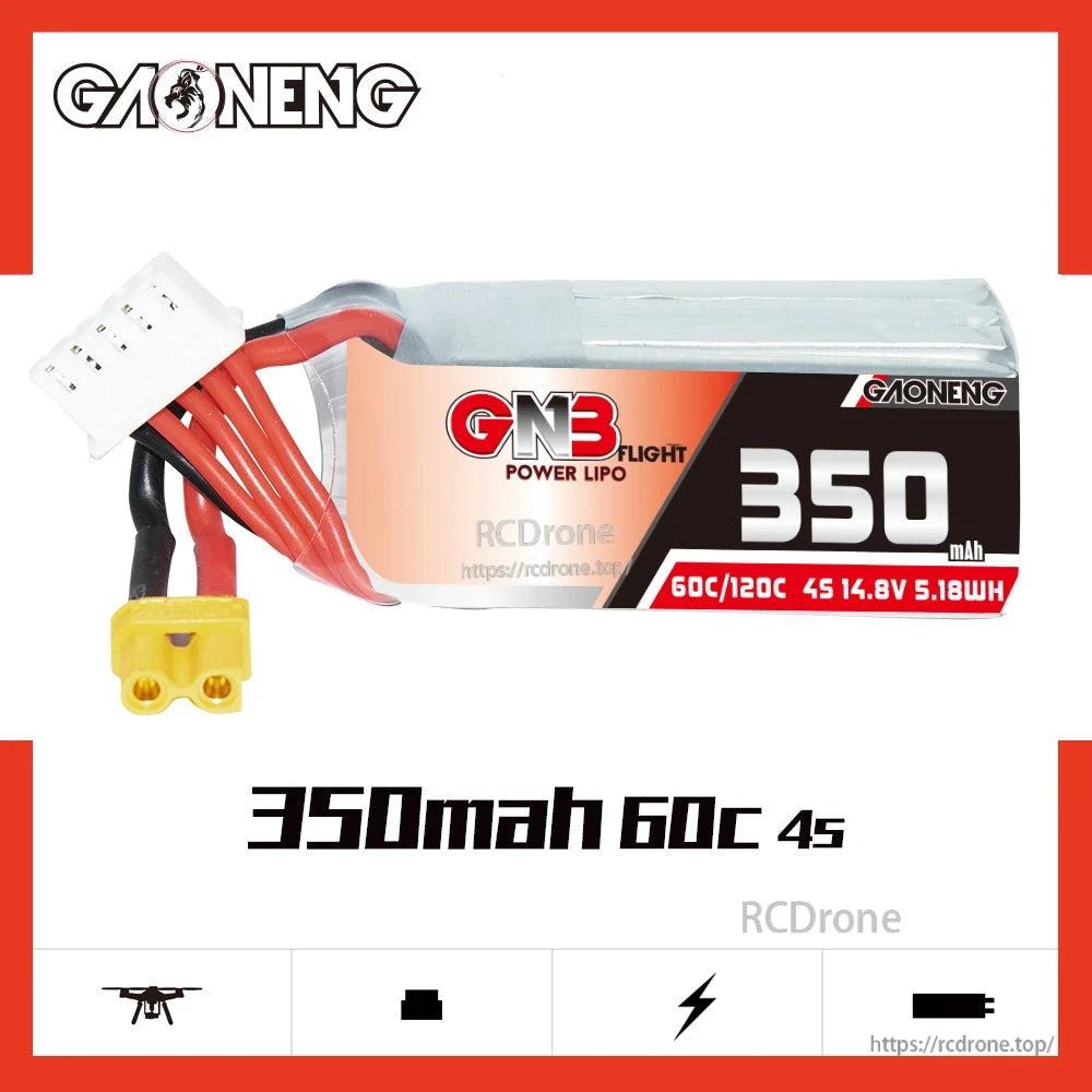 GAONENG GNB3504S60A 350mAh 60C 4S battery graphic with 14.8V and 5.18Wh printed specs