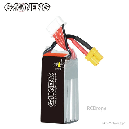 Side view of GAONENG GNB LiPo pack showing cell stack, wrapped leads, XT30 plug and balance connector