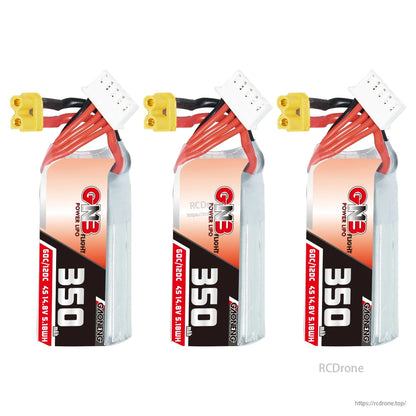 Three GNB 350mAh 4S LiPo batteries shown upright, each with XT30 connector and balance lead