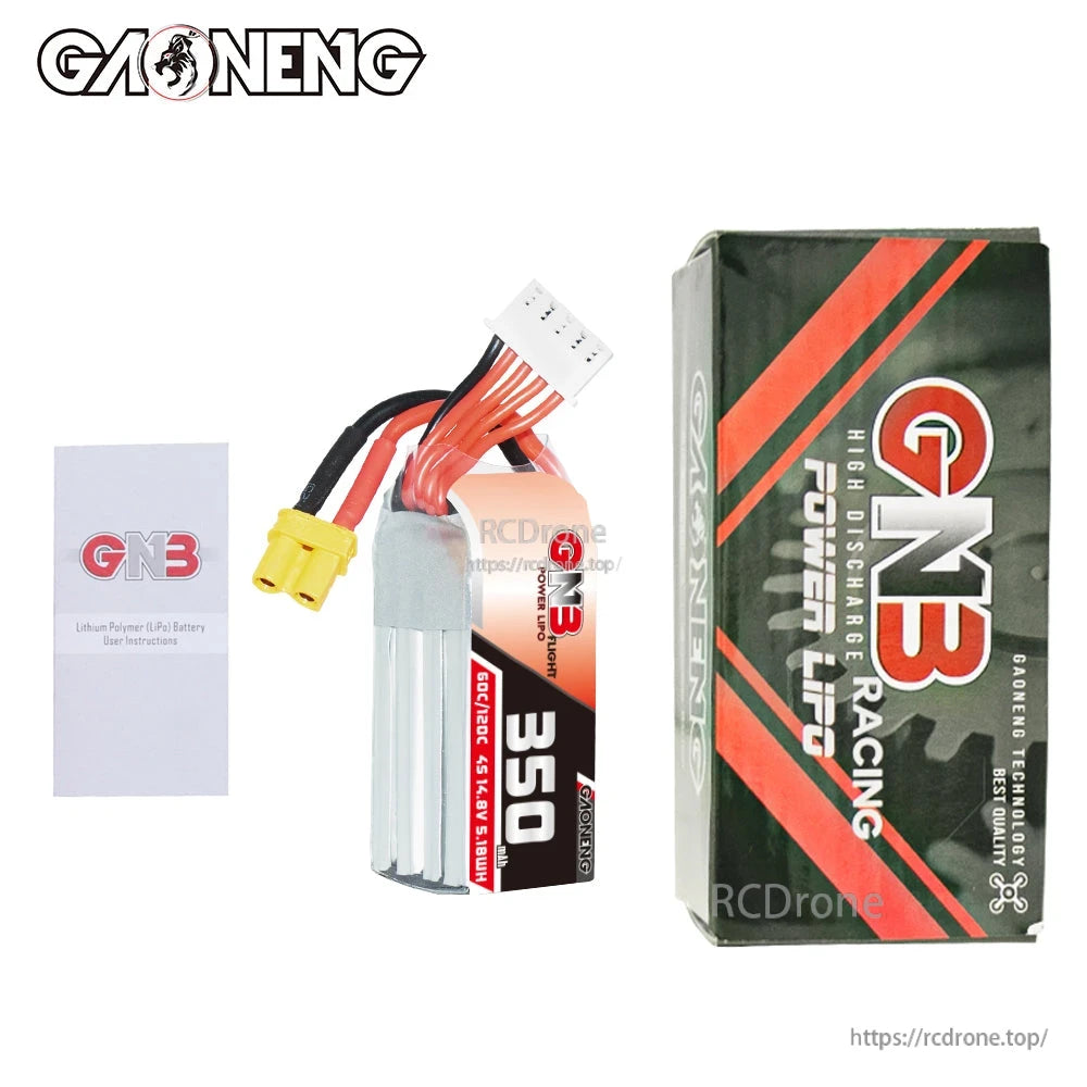 Package contents: GNB 350mAh 4S battery, GNB Racing retail box, and paper instruction leaflet