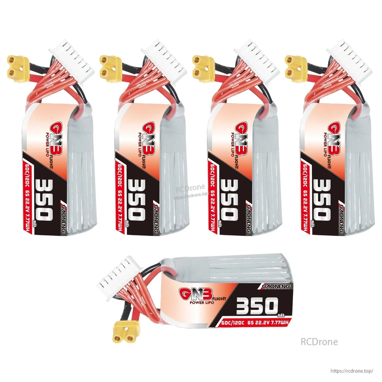 Multiple GNB 350mAh 6S LiPo batteries shown upright and one laying flat to show size profile