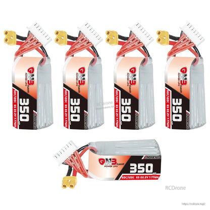 Multiple GNB 350mAh 6S LiPo batteries shown upright and one laying flat to show size profile