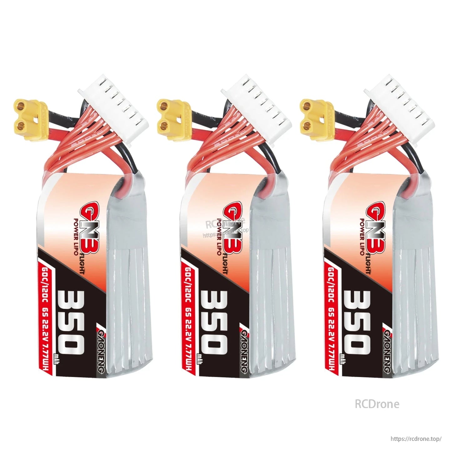 Three GNB 6S 350mAh LiPo batteries displayed upright with XT30 connectors and balance leads