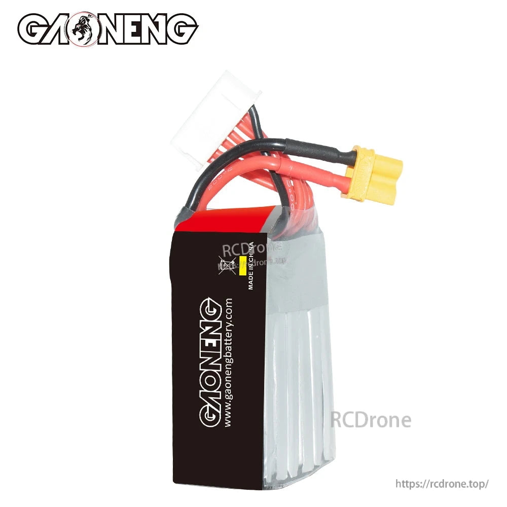 Rear/side view showing GAONENG branding on black wrap, wiring exit, XT30 and balance plug