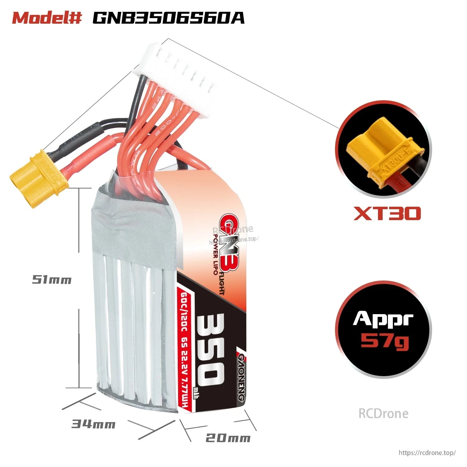 GNB3506S60A size diagram with XT30 connector, approx 57g weight, and 51×34×20mm dimensions