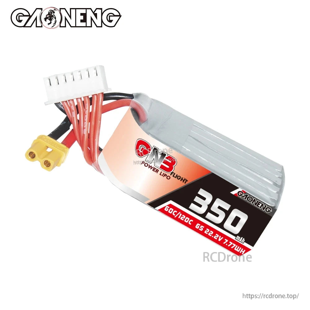 Side view of GNB 6S 350mAh battery label showing 60C/120C, 22.2V and 7.77Wh markings