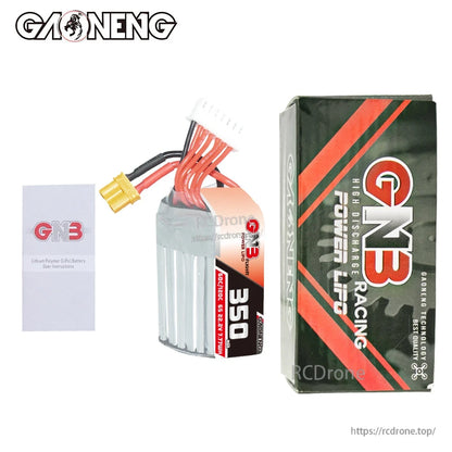 Package contents: GNB 350mAh 6S battery with XT30, retail box, and GNB instruction leaflet