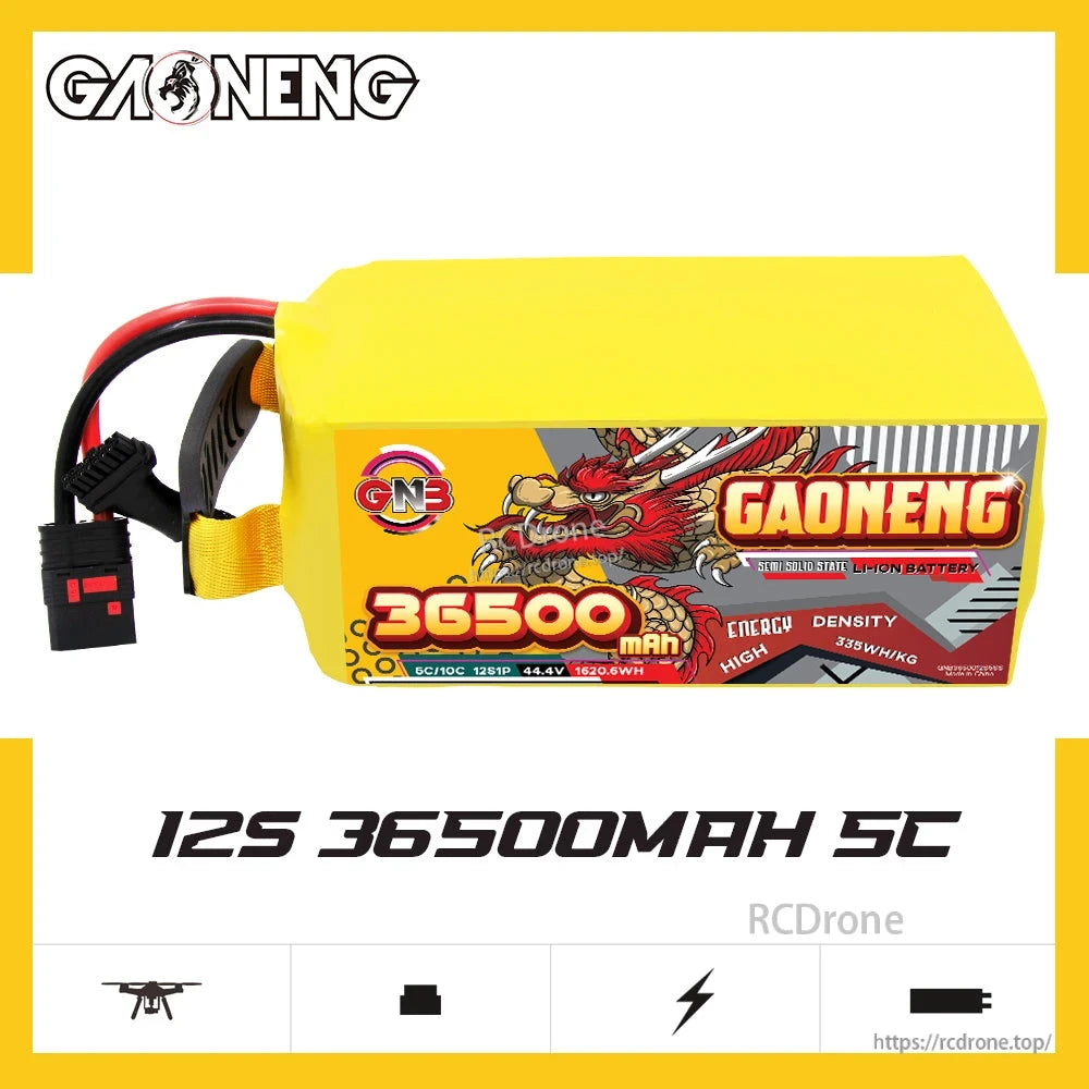 GAONENG GNB3650012S5SS 12S 36500mAh 5C battery label shown in horizontal orientation