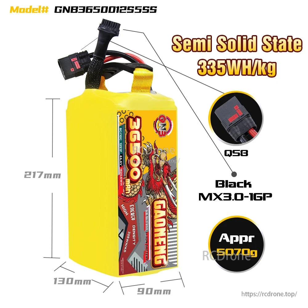 Size diagram for GNB3650012S5SS battery showing 217×130×90 mm and QS8 connector
