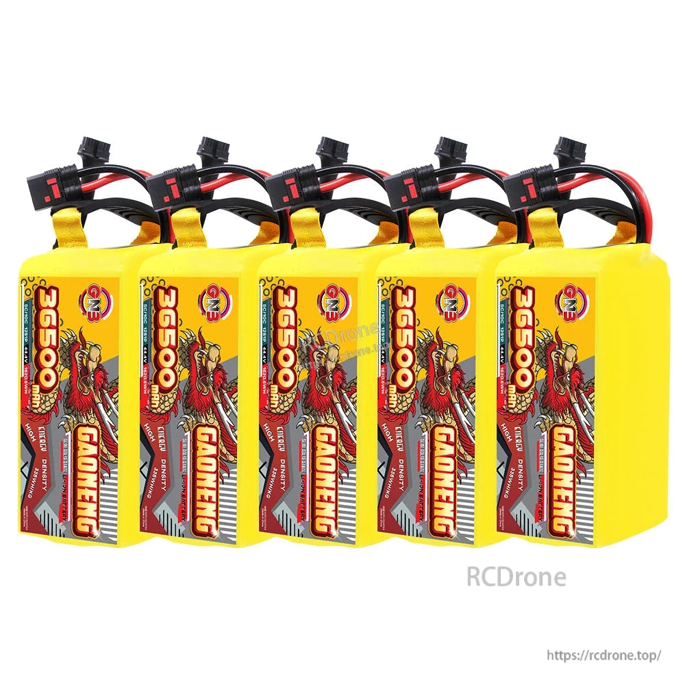 Five GAONENG 36500mAh battery packs lineup with connectors visible at the top