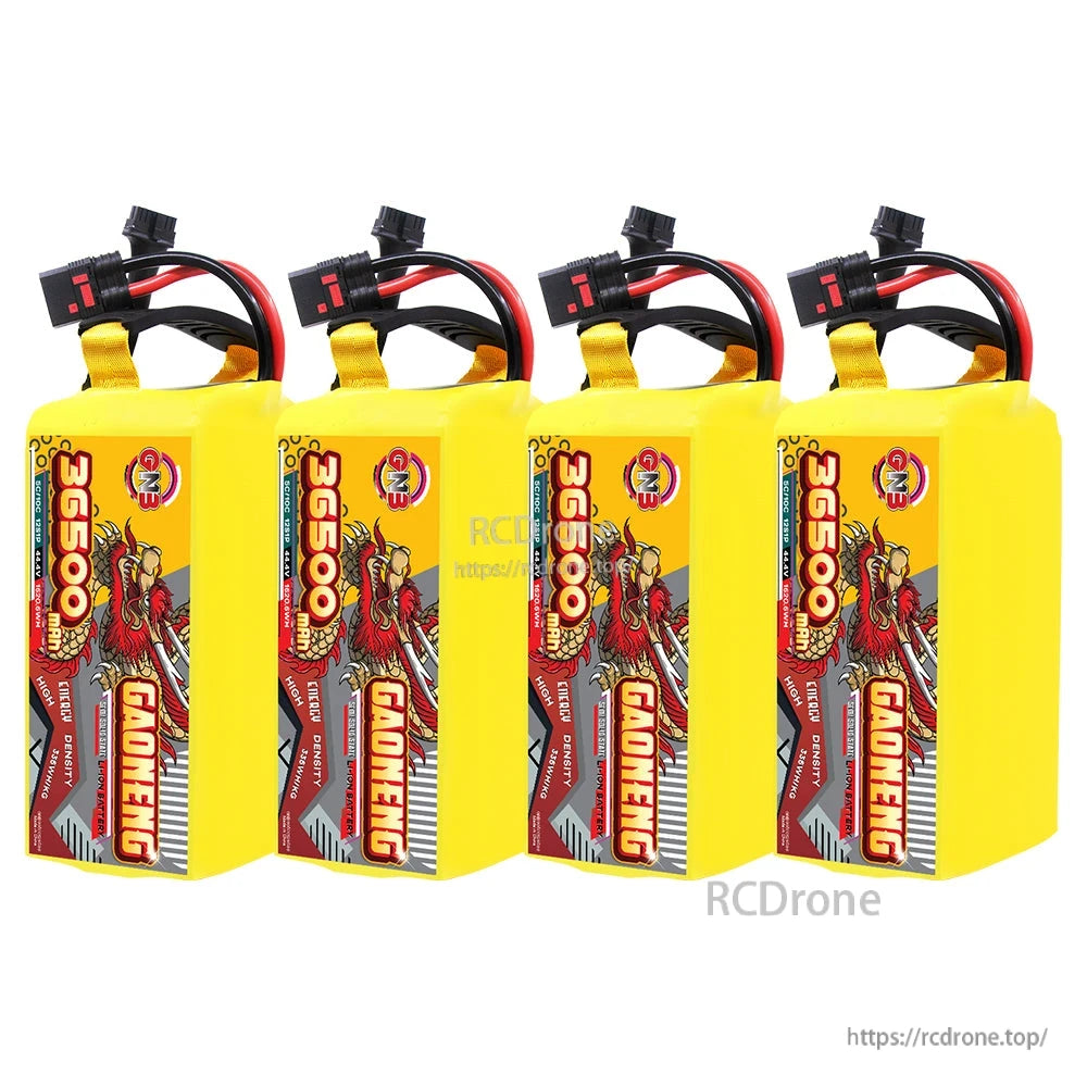 Four GAONENG 36500mAh battery packs lined up, showing matching labels and leads
