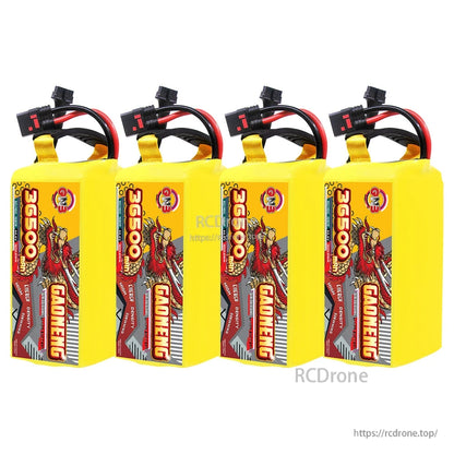 Four GAONENG 36500mAh battery packs lined up, showing matching labels and leads