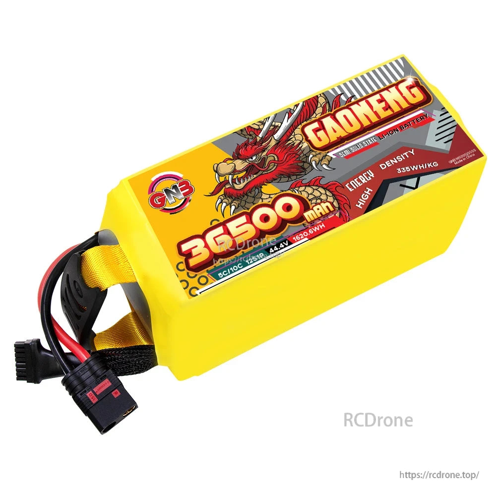 Angled top view of GAONENG 36500mAh battery showing label and QS8 cable exit
