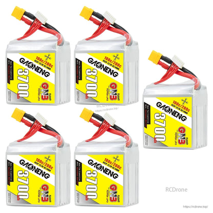 Five GAONENG 3700mAh 6S LiPo batteries displayed together, labels visible and leads upward