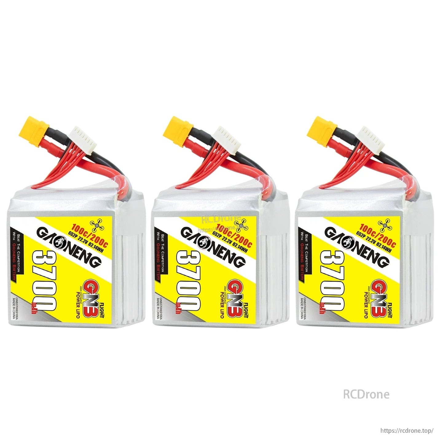 Three GAONENG 3700mAh 6S LiPo batteries displayed side by side with labels facing forward