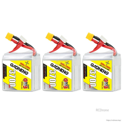 Three GAONENG 3700mAh 6S LiPo batteries displayed side by side with labels facing forward