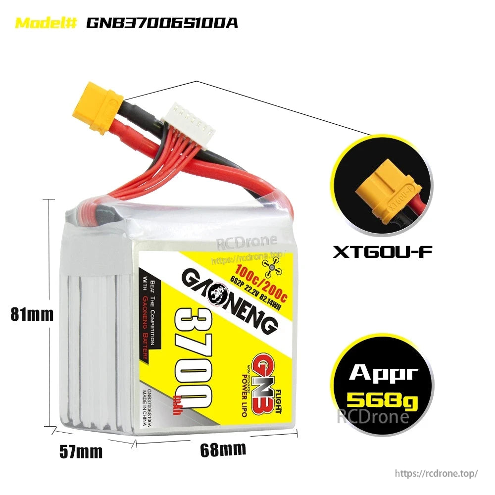 Battery size and connector details: 81×68×57mm, approx 568g, XT60U-F plug shown