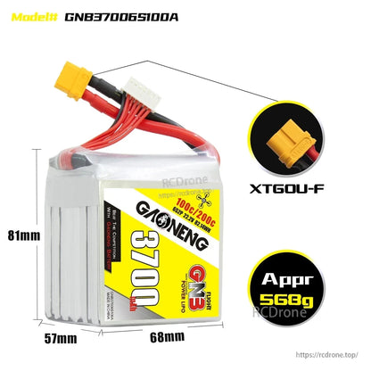 Battery size and connector details: 81×68×57mm, approx 568g, XT60U-F plug shown