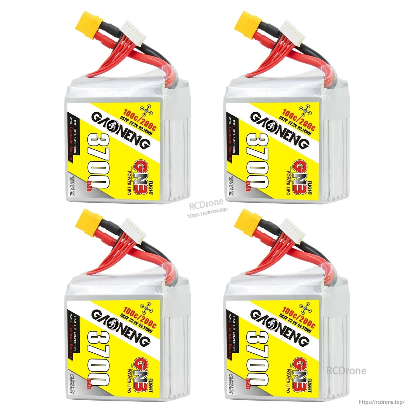 Four GAONENG 3700mAh 6S LiPo batteries shown in a 2x2 layout with XT60 leads on top