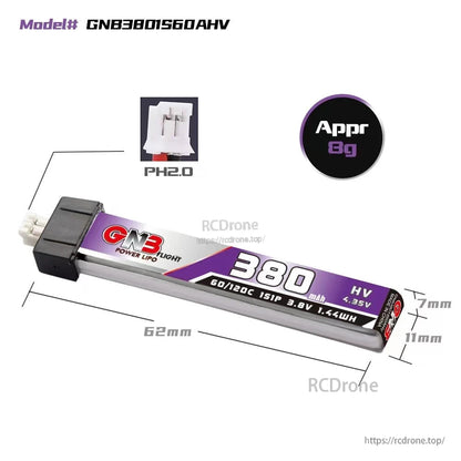 GNB3801S60AHV battery with PH2.0 connector and size diagram (62mm x 11mm x 7mm)