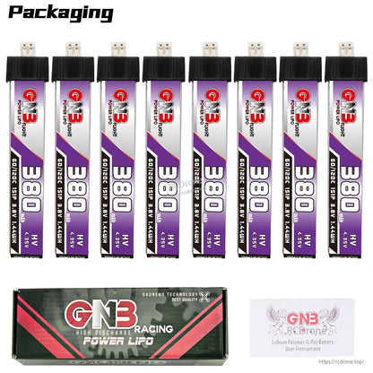 Packaging contents: eight GNB 380 LiHV batteries, GNB Racing Power LiPo box, and instructions card