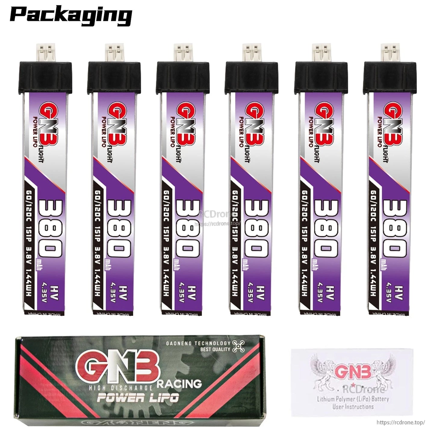 Packaging contents: six GNB 380 LiHV batteries with GNB Racing Power LiPo box and instructions card