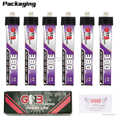 Packaging contents: six GNB 380 LiHV batteries with GNB Racing Power LiPo box and instructions card