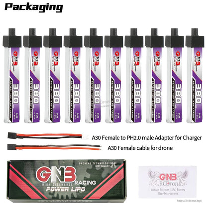 Packaging contents: ten 380mAh HV batteries with A30 to PH2.0 adapter lead, A30 cable, box