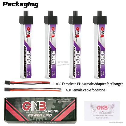 Packaging contents: four 380mAh HV batteries, A30 to PH2.0 adapter lead, A30 cable, GNB box