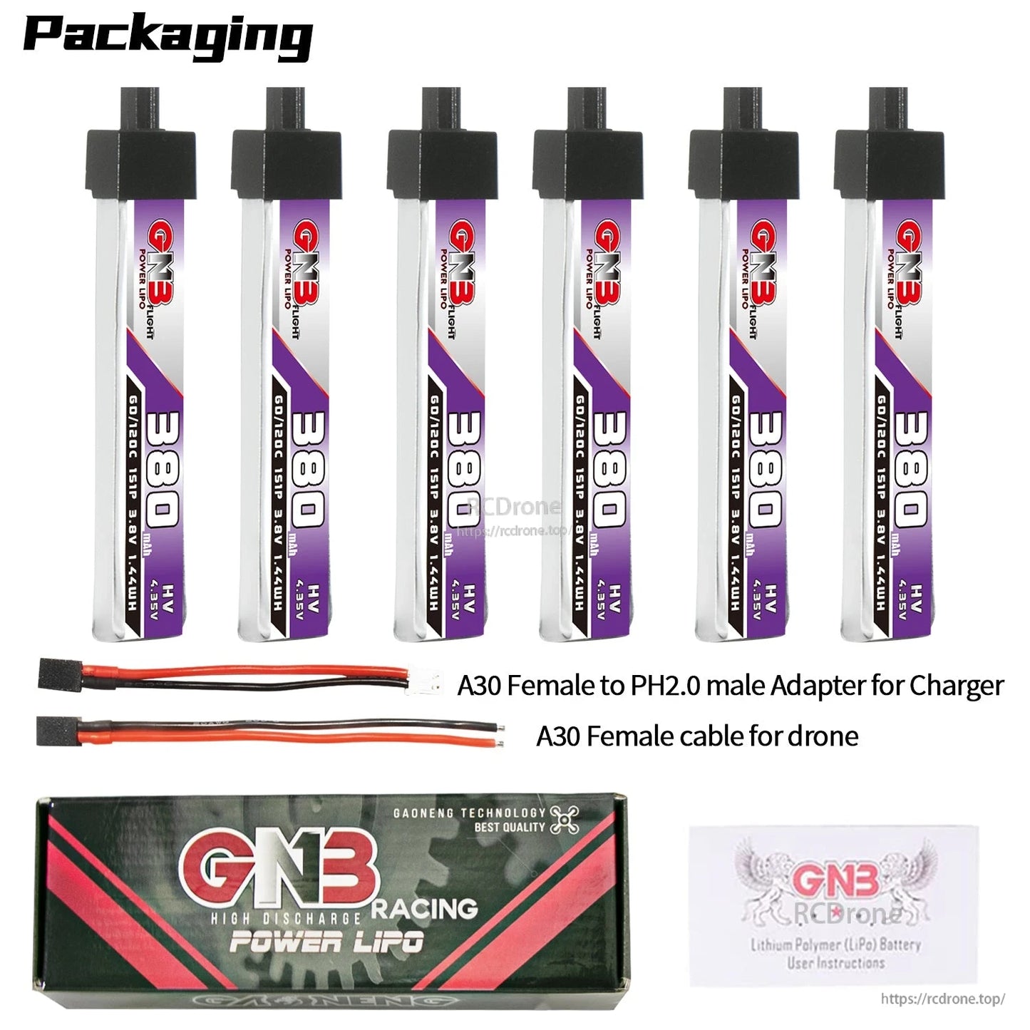 Packaging contents: six 380mAh HV batteries with A30 to PH2.0 adapter lead, A30 cable, box