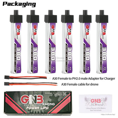 Packaging contents: six 380mAh HV batteries with A30 to PH2.0 adapter lead, A30 cable, box