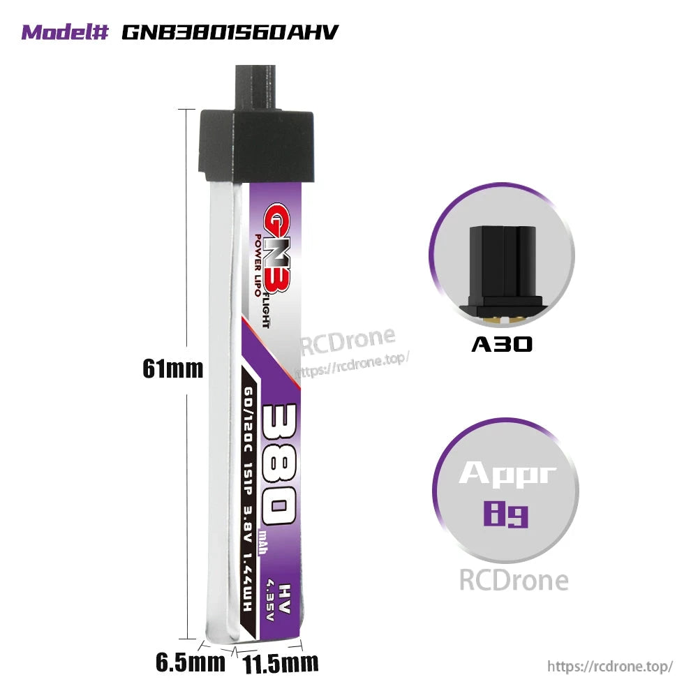 GNB3801S60AHV battery dimensions 61mm x 11.5mm x 6.5mm with A30 plug close-up