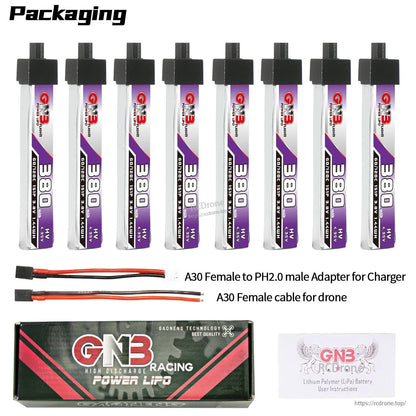Packaging contents: eight 380mAh HV batteries with A30 to PH2.0 adapter lead, A30 cable, box