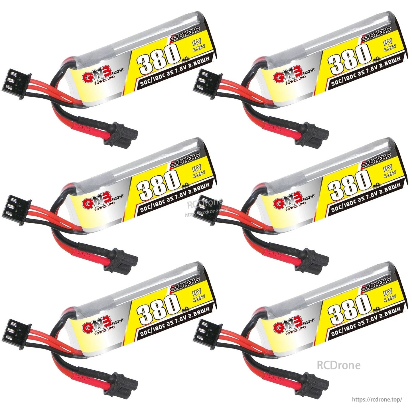 Six 380mAh LiHV batteries shown in two-column layout, highlighting label consistency and wiring