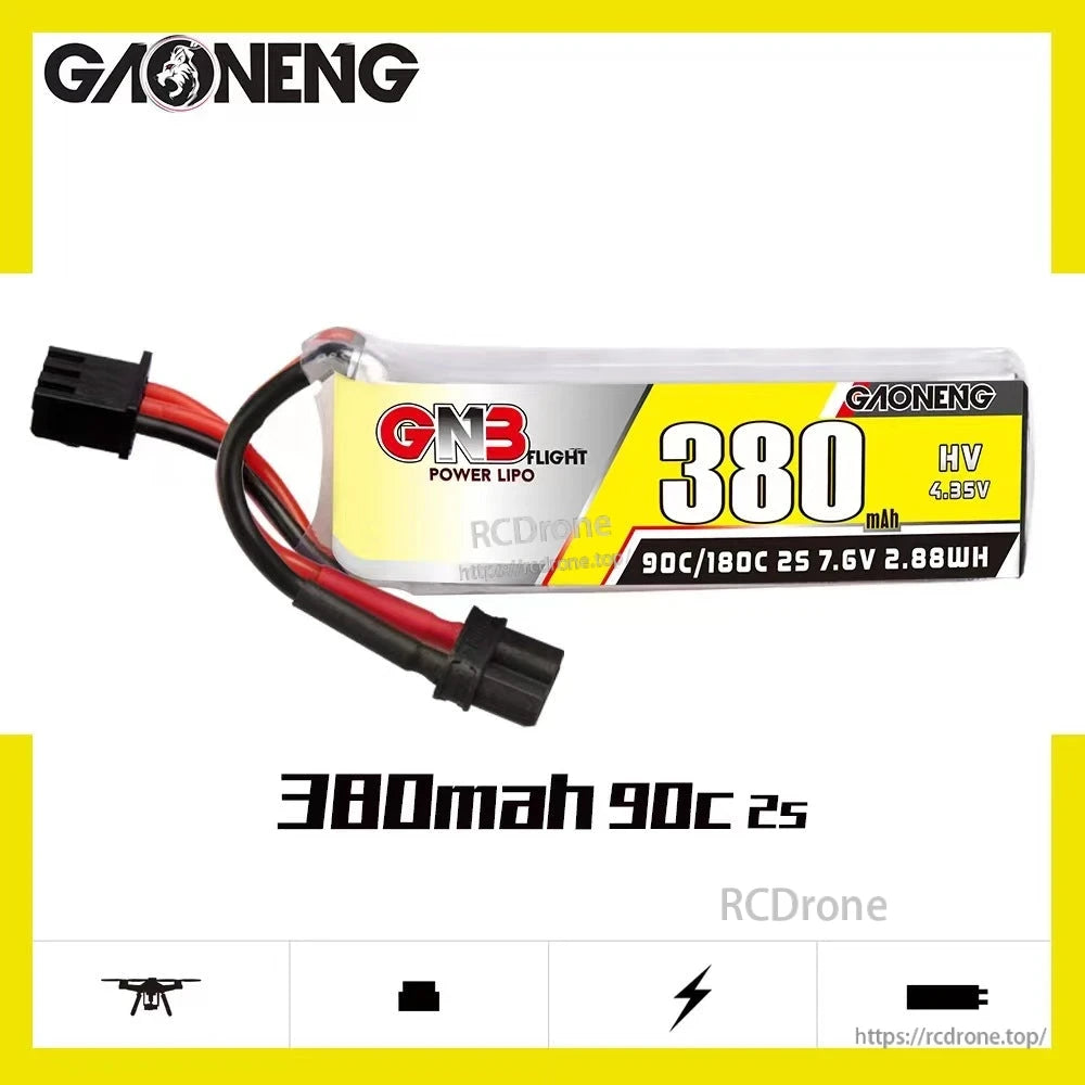 GAONENG GNB 380mAh 90C 2S LiHV battery front label close-up with 7.6V and 2.88Wh text