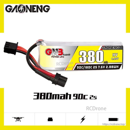 GAONENG GNB 380mAh 90C 2S LiHV battery front label close-up with 7.6V and 2.88Wh text