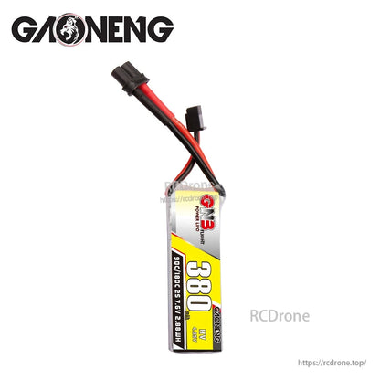 Side profile view of the 380mAh LiHV 2S battery showing thickness and wire exit from top