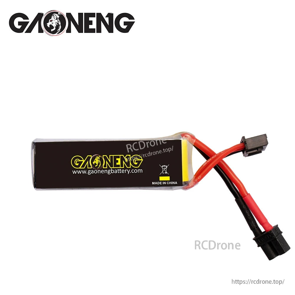 Rear label view showing GAONENG branding and website on battery wrap with leads and balance plug