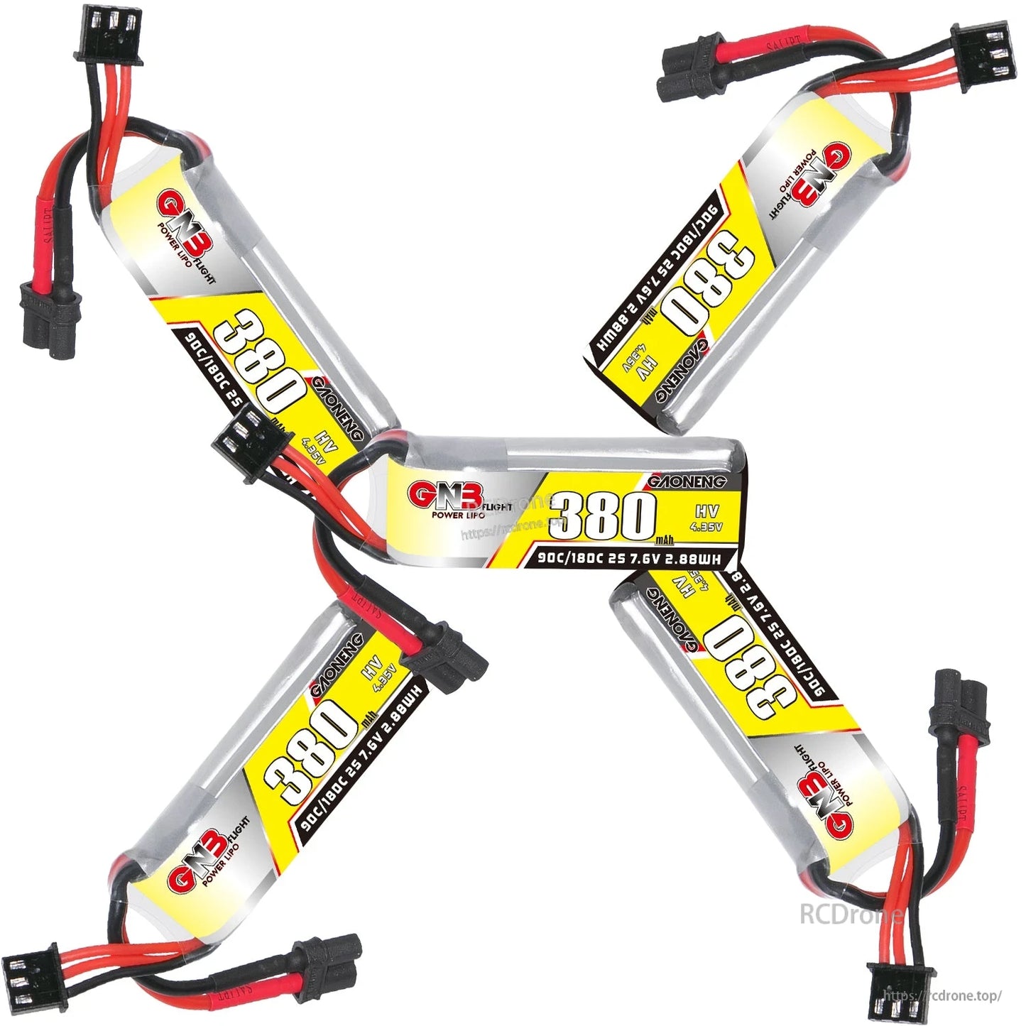 Five GNB 380 batteries arranged in star layout, showing labels, XT30 leads, and balance connectors