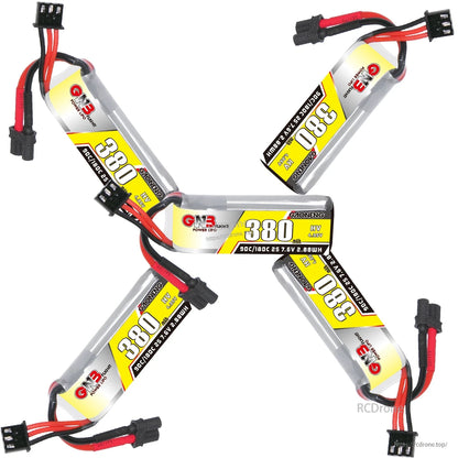 Five GNB 380 batteries arranged in star layout, showing labels, XT30 leads, and balance connectors