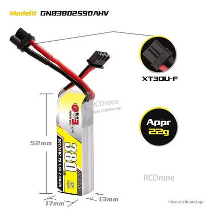 Battery dimensions and connector graphic for GNB3802S90AHV with XT30U-F plug and approx 22g weight