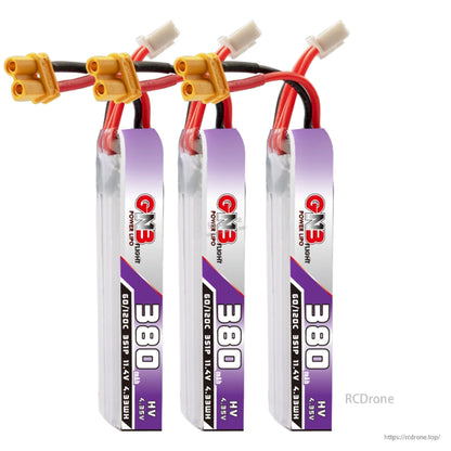Three GNB 380 LiHV batteries shown together with XT30 plugs and balance leads