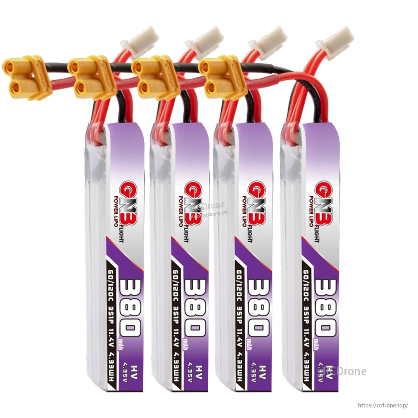 Four GNB 380 LiHV batteries group shot with XT30 connectors aligned